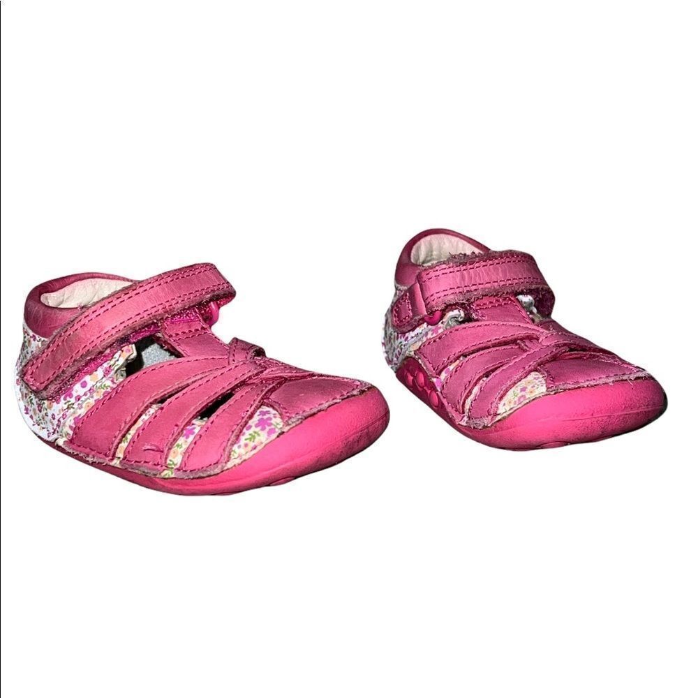Clarks First Shoes Pink White Floral Leather Strappy Sandals Baby Girl 2.5 GUC